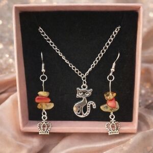 Queen Of 9 Lives • Silver Cat Pendant Necklace and Earrings Set